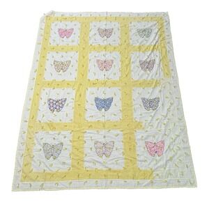 VTG Hand Made Butterfly Tie Blanket Quilt Color Block Pastel Yellow 75X92